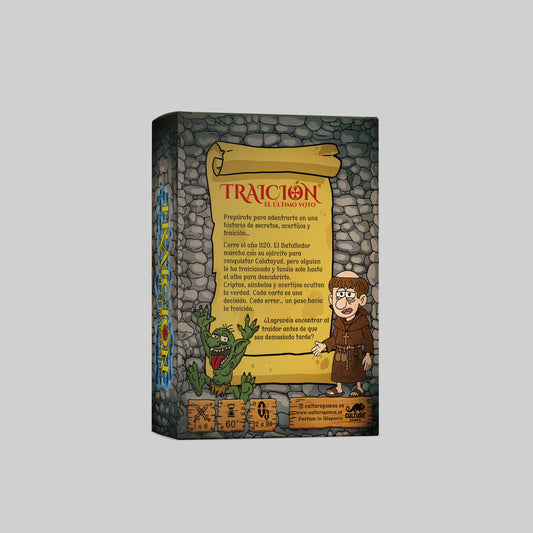 Contraportada caja de Traición: El Último Voto, escape room de mesa medieval
