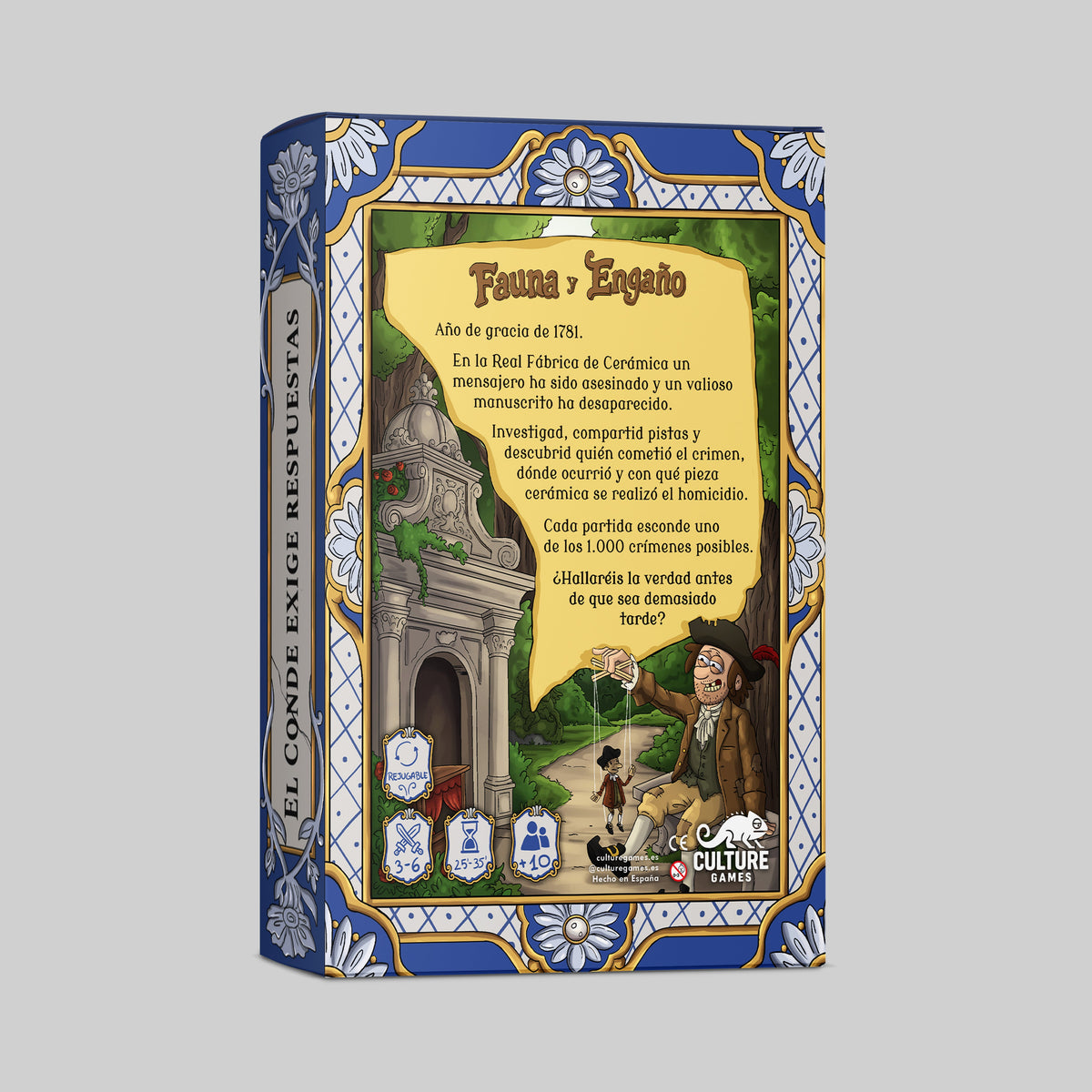 Contraportada caja de Fauna y Engaño, juego de misterio y deducción de Culture Games