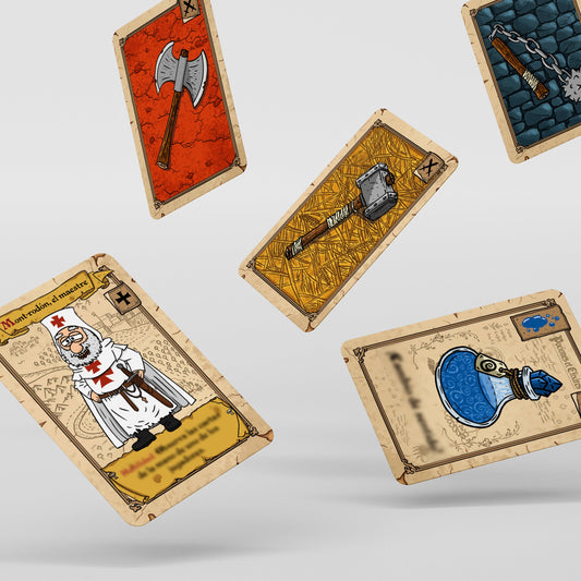 Cartas ilustradas de Momplario con personajes, armas y pócimas medievales
